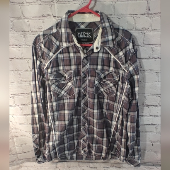 BKE Buckle BLACK Western Snap Button Plaid Grey Shirt L - Picture 1 of 16